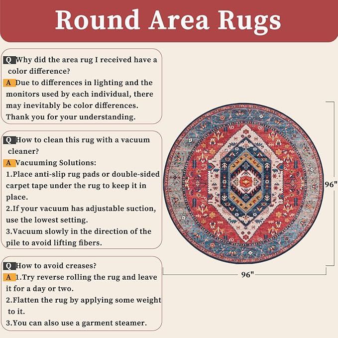 SERISSA Boho Round Area Rug, 8ft Washable Non-Slip Circle Rug, Ultra Soft Large Oriental Vintage Rust Low-Pile Circular Carpet for Living Room Bedroom Dining Room Kids Room Office College Dorm