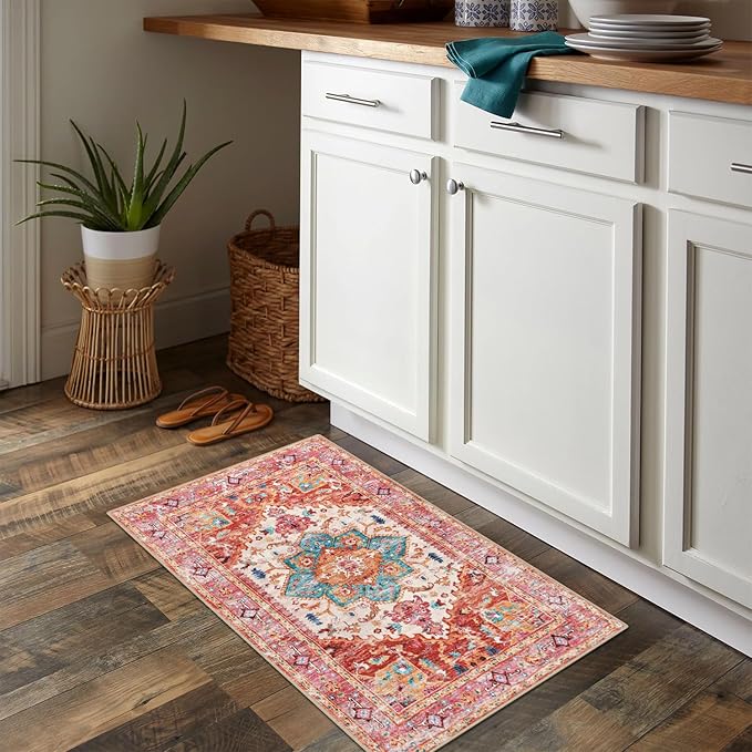Yamaziot Washable Area Rug, 2x3 Small Entryway Rug Non-Slip Boho Vintage Rug with Rubber Backing, Low Pile Faux Wool Distressed Floor Carpet for Indoor Door Mat, Kitchen, Laundry (Pink)