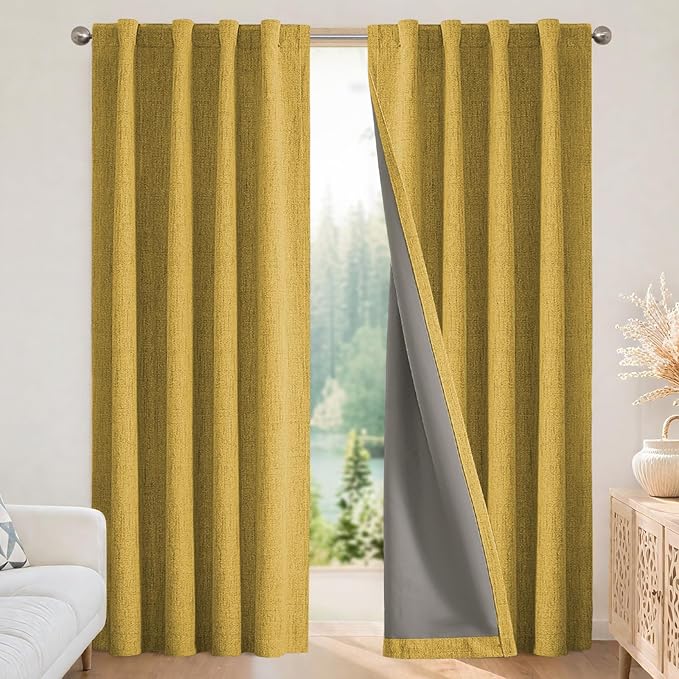 Joydeco Blackout Curtains for Bedroom - 100% Light Blocking 2 Panels Set Yellow Drapes 37" W x 63" L, Thermal Insulated Room Darkening Curtains, Linen Textured for Living Room, Rod Pocket & Back Tabs