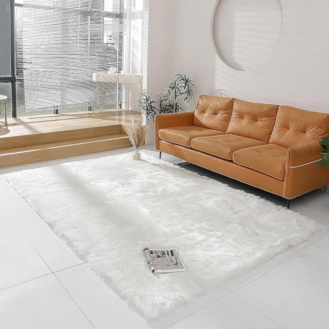linmopm Faux Fur Rug White Sheepskin Shag Fluffy Fuzzy 6x9 ft Rugs for Bedroom Bedside Bed Floor Living Room Plush Rectangle High-Density Cushion Carpet Super Sofa Cover