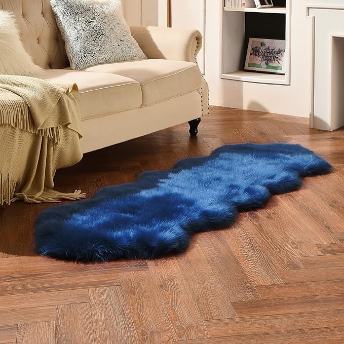 duduta Navy Blue Faux Sheepskin Runner Rugs 2x6 ft, Fluffy Shag Bedroom Bedside Rug Fur Couch Sofa Covers Washable