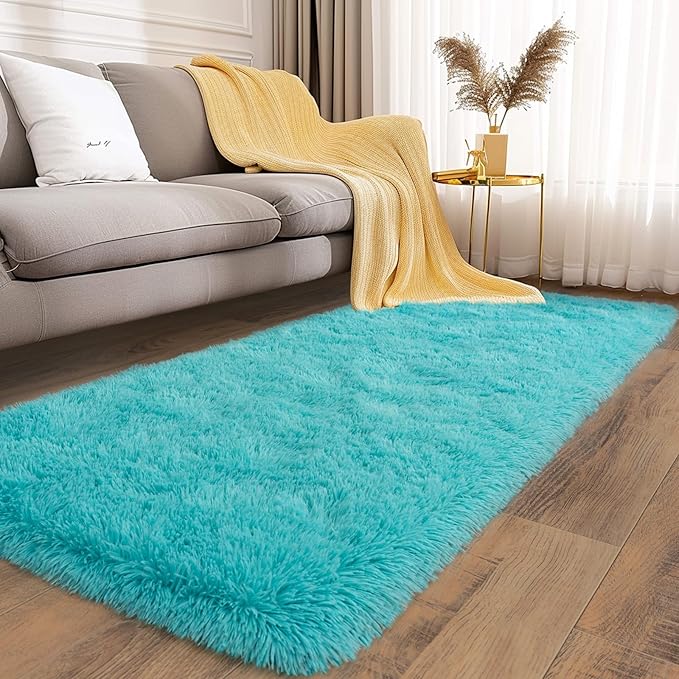 Soft Runner Rugs for Bedroom Hallways, 2x6 Teal Blue Fluffy Shag Throw Area Rug Non Slip for Bedside Dorm, Long Shaggy Furry Carpet for Nursery Living Room