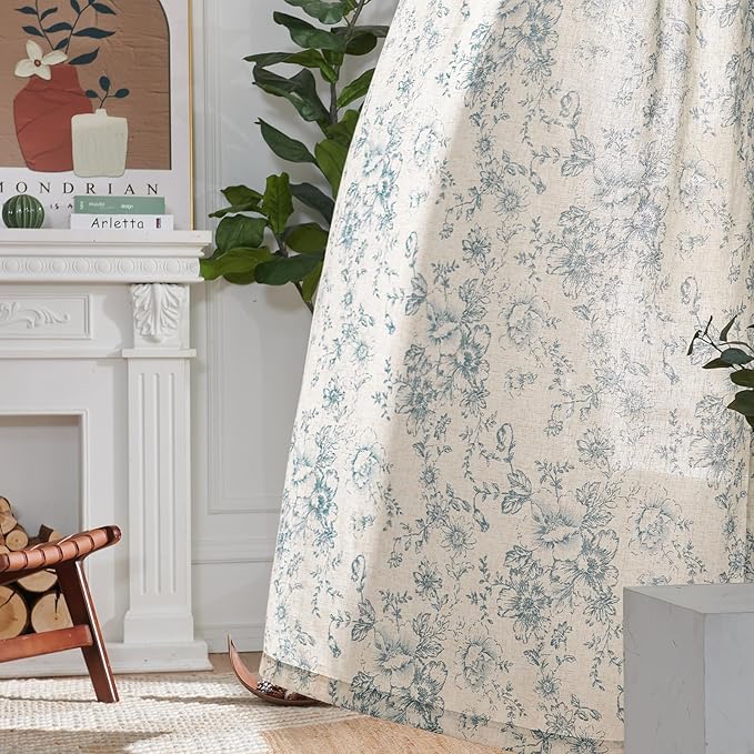 jinchan Linen Blend Curtain Floral Curtains for Living Room 96 Inch Length Blue Printed Curtain Rod Pocket Back Tab Farmhouse Peony Flower Patterned Drapes Bedroom Window Curtains Set 2 Panels