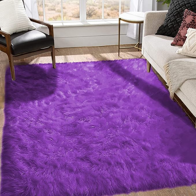 Goolela Purple Area Rug 6x9 Fluffy Fuzzy Furry Shag Carpet for Living Room Bedroom Faux Sheepskin Fur Plush Rectangle