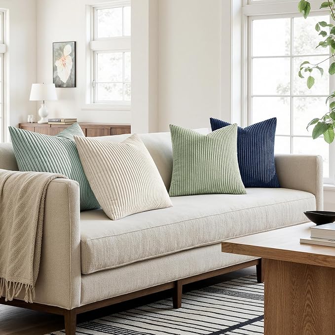 MIULEE Boho Farmhouse Muted Teal Throw Pillow Covers 18x18 Inch Set of 4 Mordern Nordic Cushion Covers Soft Corduroy Spring Home Decor for Couch Bed Sofa Living Room