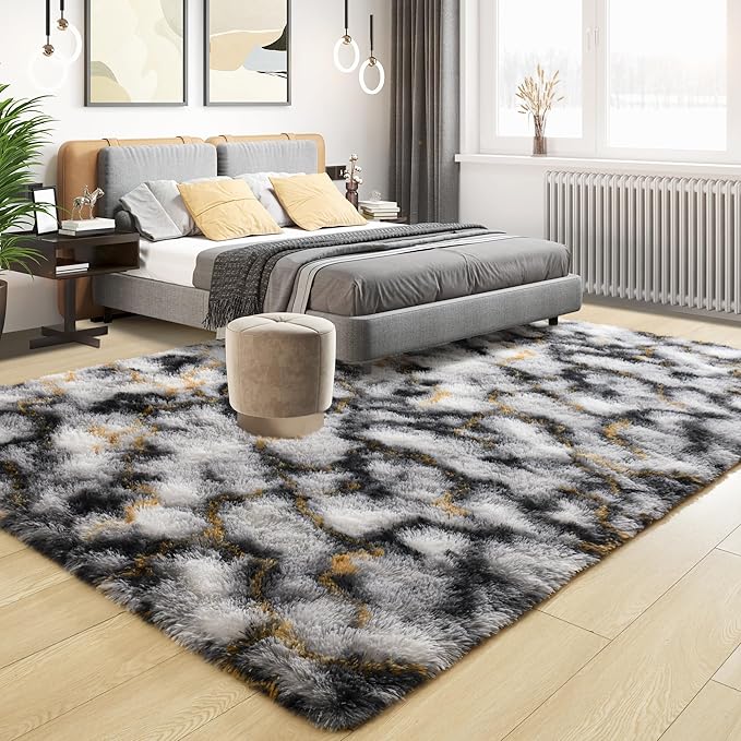 Tepook Soft Fluffy Rugs for Bedroom, 4x6 Area Rug for Living Room, Modern Shaggy Room Rug for Kids Boys Girls, Plush Throw Rugs Indoor Nursery Home Decor Rug with Non-Slip Bottom, White Black Gold