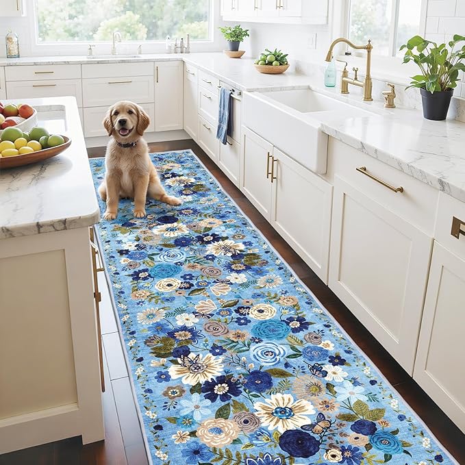 Rug for Hallways Kitchen Rug 2'6" x 14', Non Slip Washable Rugs with Rubber Backing Soft Floral Carpet Runner for Hallways, Kitchen, Laundry, Bedroom, Bathroom(2.6 x 14, Blue Garden)