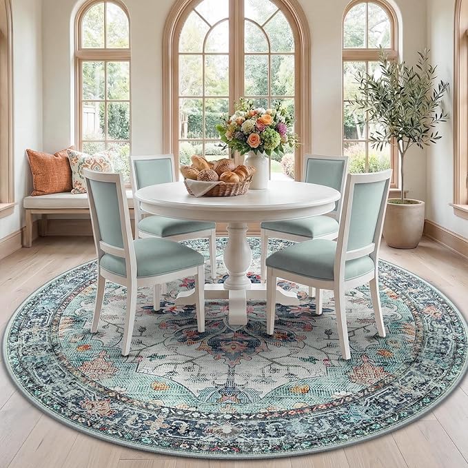 RELEANY Area Rugs 7ft Washable Non-Slip, Floral Vintage Distress Print Pattern Medallion Carpet for Living Room Bedroom Dining Room, Green Navy Blue White Red Teal Colorful