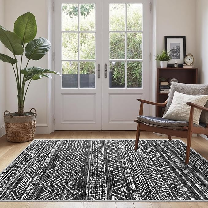 3x5 Washable Entryway Area Rug: Modern Moroccan Small Runner Rug Indoor Soft Non Slip Rug for Living Room Low Pile Thin Floor Carpet for Kitchen Dining Room Bedroom Home Office Decor(3x5,Black)