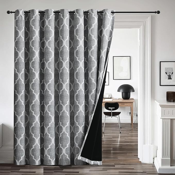 Beauoop 100% Blackout Curtains 96 Inches Long for Patio Sliding Door Grey Extra Wide Moroccan Geo Room Darkening Gray Thermal Soundproof Room Divider Grommet Window Treatment Drapes,100x96 Set of 1