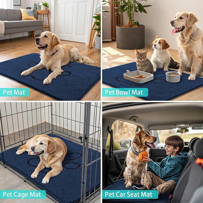 Smiry Dog Door Mat for Muddy Paws, Absorbent Dirt Trapper Non Slip Quick Dry Washable Chenille Mat for Mud Dogs, Entry Rug for Indoor and Outdoor (36x24 Inches, Dark Blue and Black)