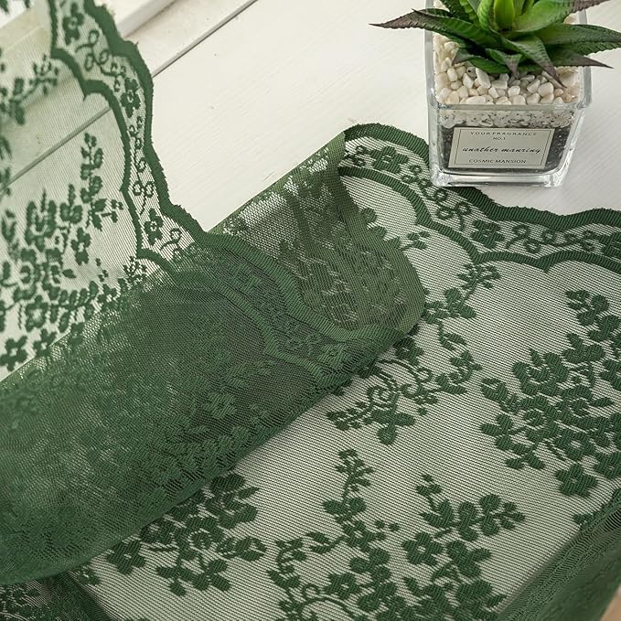 YJ YANJUN Vintage Lace Curtains 90 Inches Long-Victorian Floral Pattern Dark Green Sheer Curtain Panels for Ding Room Bedroom,Light Filtering, Retro Boho Neutral Aesthetic Decor 2 Panels 52W x 90L