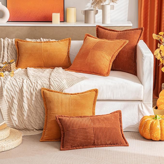 MIULEE Orange Decorative Lumbar Throw Pillow Covers for Couch Bed Livingroom 12x20 Inch Set of 2 Boho Accent Throw Pllows Broadside Striped Patchwork Soft Corduroy Pillowcases