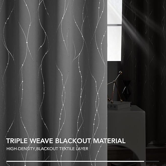 Deconovo Blackout Curtains, Grey Curtains, Thermal Insulated Soundproof Grommet Drapes, Silver Wave Dot Foil Print, 42 x 72 Inch, 2 Panels, Machine Washable Window Panel for Living Room Bedroom Office