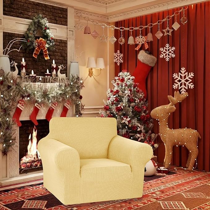 KEKUOU Stretch Single Sofa Slipcover 1 Piece Couch Sofa Cover (31"-55") Furniture Protector 1 Seater Sofa with Elastic Bottom for Kids,Pet.Jacquard Small Checked Pattern Fabric(Small,Champagne)