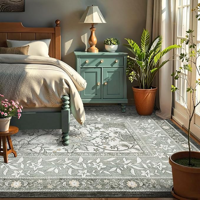 GarveeHome Provence 6x9 Area Rugs, Botanical Grove Soft Cottagecore Non-Slip Washable Rug for Bedroom Living Room Nursery Kitchen Low-Pile Retro Carpet Gray Fog Green