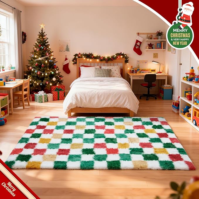 Checkered Area Rug 8x10 for Living Room Bedroom, Christmas Shag Rug Fuzzy Shaggy Bedside Carpet, Indoor Plush Floor Rugs for Kids Boys Girls Room Holiday Home Decor