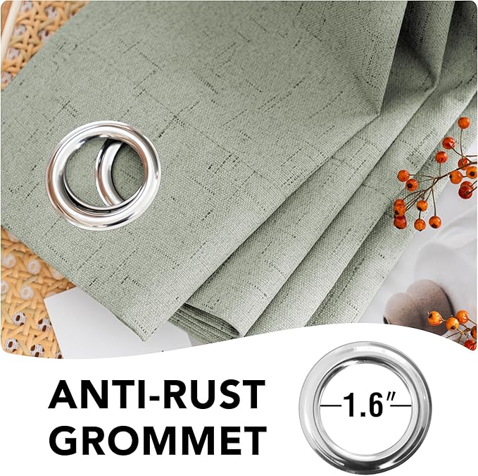 H.VERSAILTEX Linen Blackout Curtains 72 Inches Long 100% Absolutely Blackout Thermal Insulated Textured Linen Look Curtain Draperies Anti-Rust Grommet, Energy Saving with White Liner, 2 Panels, Sage