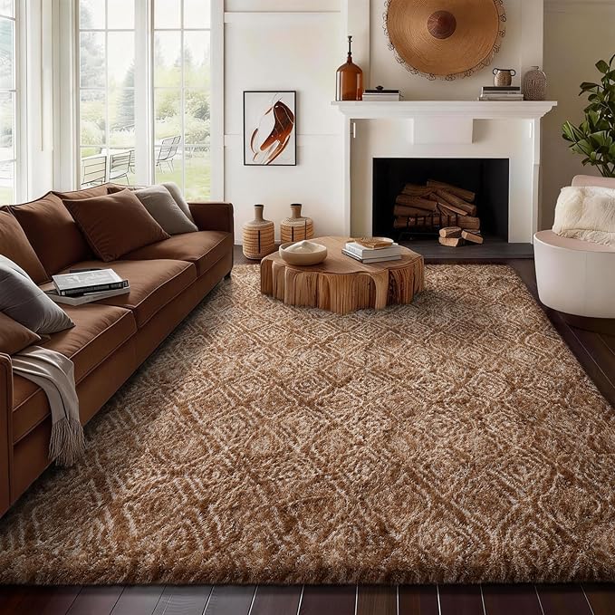 Ophanie Brown and White Diamond Striped Rugs for Living Room 8x10, Fluffy Shag Large Fuzzy Plush Soft Carpets, Shaggy Rugs for Bedroom, Carpet for Kids Boys Girls Dorm Nursery Home Decor Aesthetic