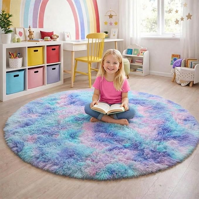 Amdrebio Purple Rainbow Round Rug 4Ft for Bedroom Girls Room Decor, Mermaid Stitch Frozen Kids Rugs for Playroom Nursery Dorm, Fluffy Furry Cute Shag Carpet, Kawaii Circle Area Rugs for Baby Toddler