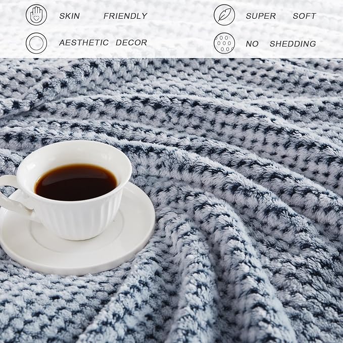 Exclusivo Mezcla Fleece Bed Blanket Queen Size, Super Soft and Warm Blankets for Couch, Sofa and Bed Waffle Textured, Cozy, Fuzzy and Lightweight (Heather Navy Blue, 90x90 Inches)