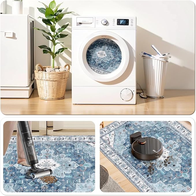 SERISSA Area Rug 3x5 Boho Blue Rugs for Bedroom, Washable Kitchen Rugs Non-Slip, Ultra Soft Print Distressed Vintage Entry Rug Low-Pile Throw Rug Carpet for Bedroom Nursery Living Room Dorm Decor