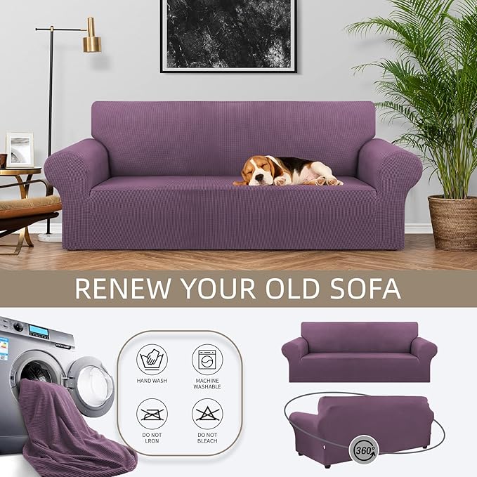 KEKUOU Stretch Sofa Cover Slipcover ，Couch Covers for 3 Cushion Couch Sofa pet Friendly (78"-94") Furniture Protector Sofa with Elastic Bottom for Kids,Dog, Jacquard Small Checked(Large,Dark Purple)