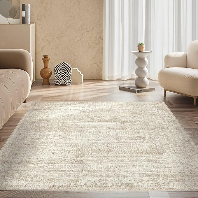 UERMEI Square Area Rugs : Washable 6x6 Neutral Modern Abstract Carpet for Living Room Bedroom - Soft Floor Mat with Non Slip Backing for Kitchen Nursery Dorms Farmhouse Home Decor - Beige/Brown