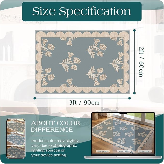 Front Door Mat Outside Entrance - 2x3 Floral Non-Slip Washable Doormat Indoor Outdoor Mat Blue Retro Farmhouse Scalloped Entry Rug Small Throw Rugs for Entryway Kitchen Front Porch Decor