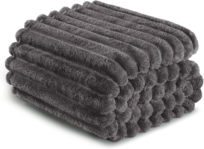 Exclusivo Mezcla Fleece Throw Blanket for Couch, Super Soft Striped Jacquard Bed Blanket, Lightweight Fuzzy Cozy for All Seasons, 50x60 Inches, Dark Grey