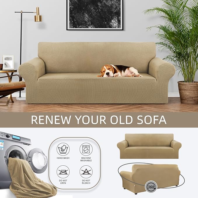 KEKUOU Stretch Sofa Cover Slipcover ，Couch Covers for 3 Cushion Couch Sofa pet Friendly (79"-94") Furniture Protector Sofa with Elastic Bottom for Kids,Dog, Jacquard Small Checked(Large,Tan)