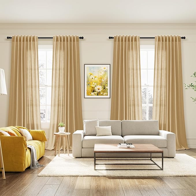 Nanspring Gold Yellow Linen Curtains 96 Inches Long 2 Panels Set for Living Room Rod Pocket Back Tab Semi Sheer Light Filtering Protect Privacy Gold Yellow Curtain for Bedroom Floor Length 52x96