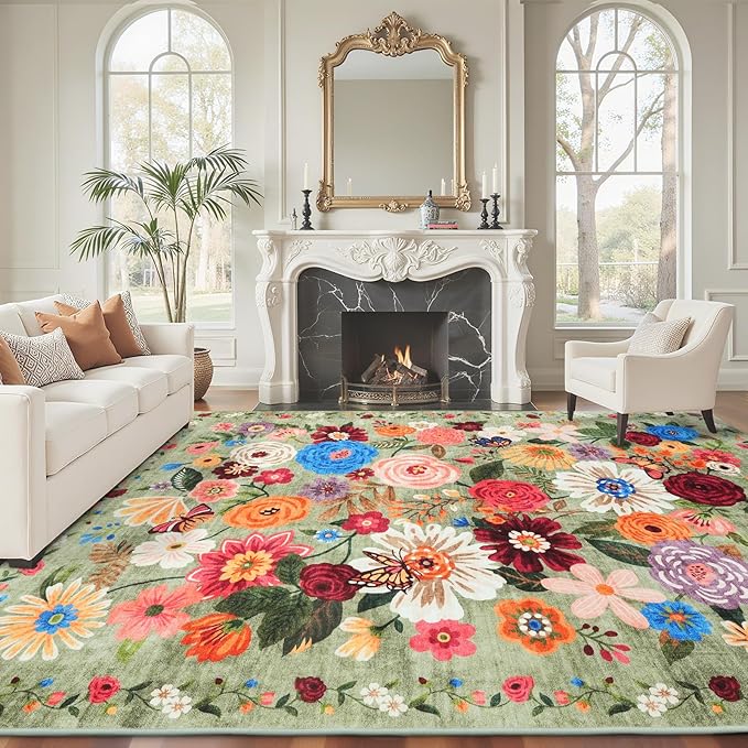 Green Living Room Rugs, Area Rugs 5x7 Rug for Bedroom Ultra-Thin Soft, Non-Slip Washable Rugs Stain Resistant Boho Rug Low-Pile Throw Rug for ‎Dining Room Office (5 x 7, Green Garden)