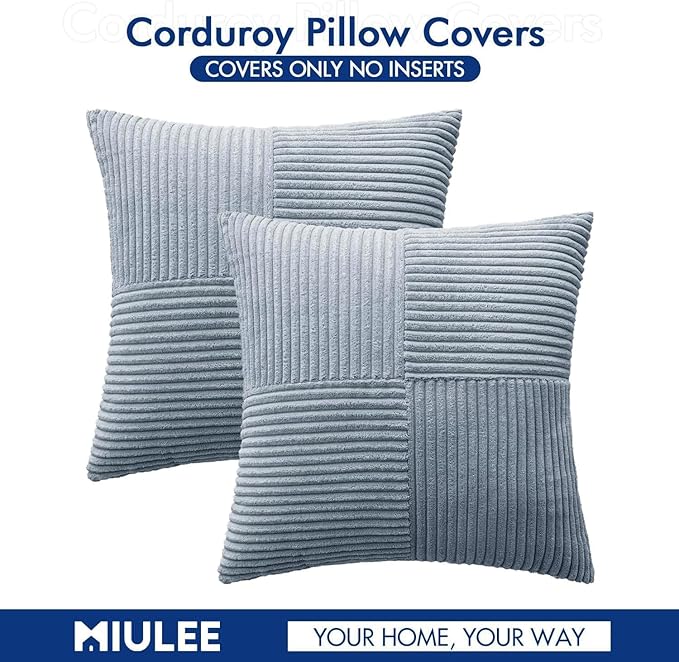 MIULEE Dustyblue Decorative Throw Pillow Covers 18x18 Inch for Couch Bed Sofa Pack of 2 Coastal Boho Farmhouse Throw Pillows Soft Cross Corduroy Patchwork Textured Cushion Cases