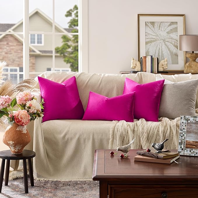 GIGIZAZA 18x18 Pillow Covers Set of 2 Velvet Throw Pillows Decorative Hot Pink Covers for Couch Sofa Bedroom Pillowscase