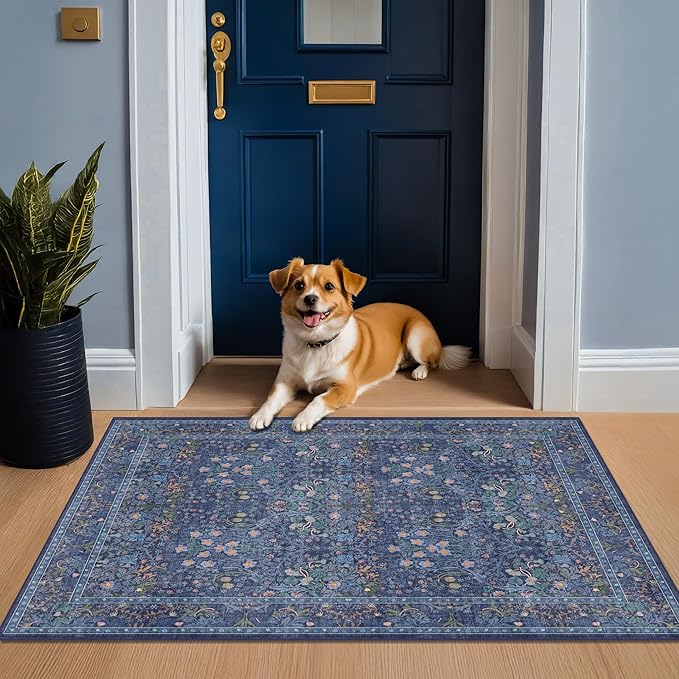Vintage Dark Blue 3x5 Area Rugs for Entryway, Bedroom Beside Rug, Kitchen, Laundry Room, Non-Slip Low Pile Ultra Soft Stain Resistant Small Floral Carpet - Boho Plant Dusky Navy Decor