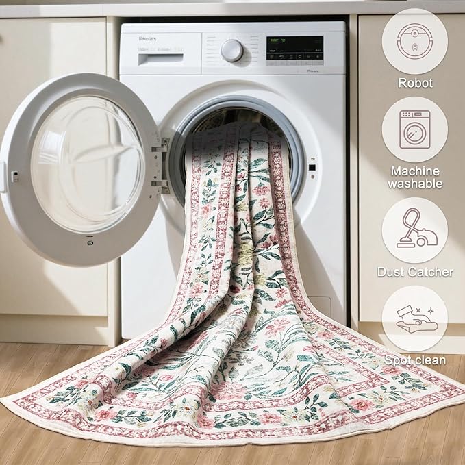 Round Area Rug for Living Room: 6 ft Floral Washable Circle Rug Soft Boho Non-Slip Carpet Indoor Stain Resistant Low Pile Small Circular Rug for Bedroom Entryway Kitchen Nursery Home Office Pink Green