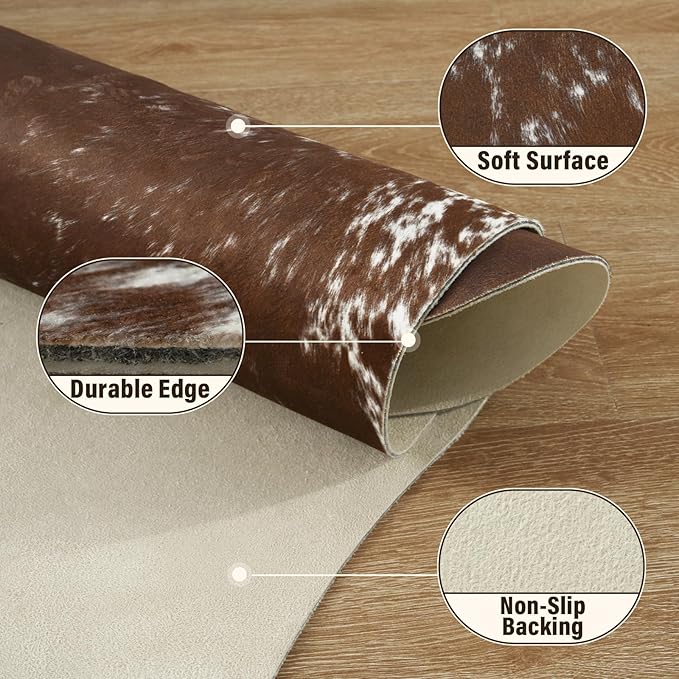 AROGAN Western Decor Faux Fur Cowhide Rug, 4.6×5.2 Feet Premium Animal Skin Cow Hide Rug, Sturdy Cow Print Rugs for Wall Decor, Western Floor Carpet for Bedroom Living Room, Spotted Brown