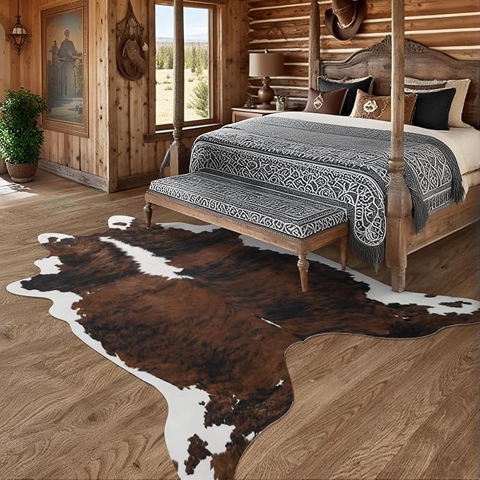 AROGAN Western Decor Faux Fur Cowhide Rug, 4.6x5.2 Feet Premium Animal Skin Cow Hide Rug, Sturdy Cow Print Rugs for Wall Decor, Western Floor Carpet for Bedroom Living Room, Black and Brown