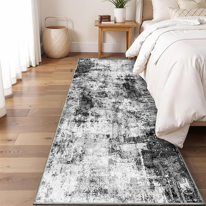 2x6 Washable Runner Rugs for Hallway: Easy-to-Clean Abstract Runners for Entryway Bedroom - Stain and Water Resistant Rugs with Non-Slip Backing - Soft Low-Pile Carpet Black Grey