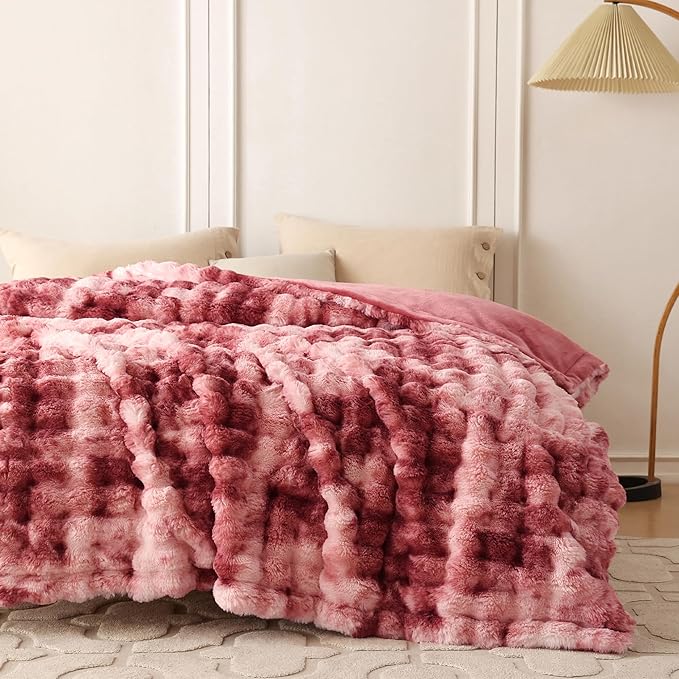 COOVA Faux Fur Throw Blanket for Couch, Cozy Soft and Fuzzy Plush Rabbit Fur Bubble Blanket for Sofa Bedroom Living Room, 50x60 Inches Tie Dye Magenta