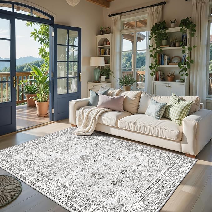 Area Rug 4x6 Grey Rug, Washable Boho Rugs Non Slip Low Pile Floral Small Carpet for Bedroom, Bedside, Kids Room, Office, Dining Room(Grey, 4 x 6)