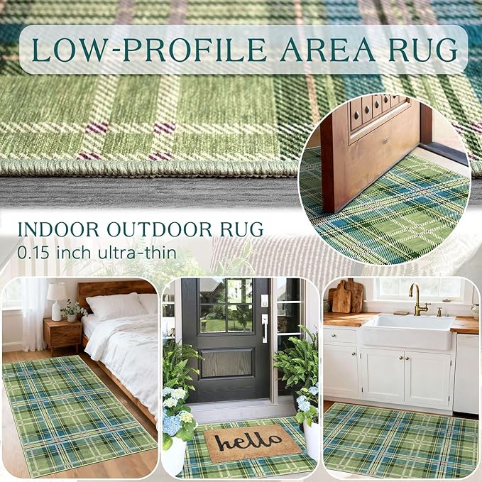 Buffalo Outdoor Rug - 28" x 43" Front Door Mat Indoor Outside Entrance Non-Slip Washable Outdoor Mat Green Teal Plaid Tartan Rug for Entryway Kitchen Bedroom Layered Doormat for Front Porch