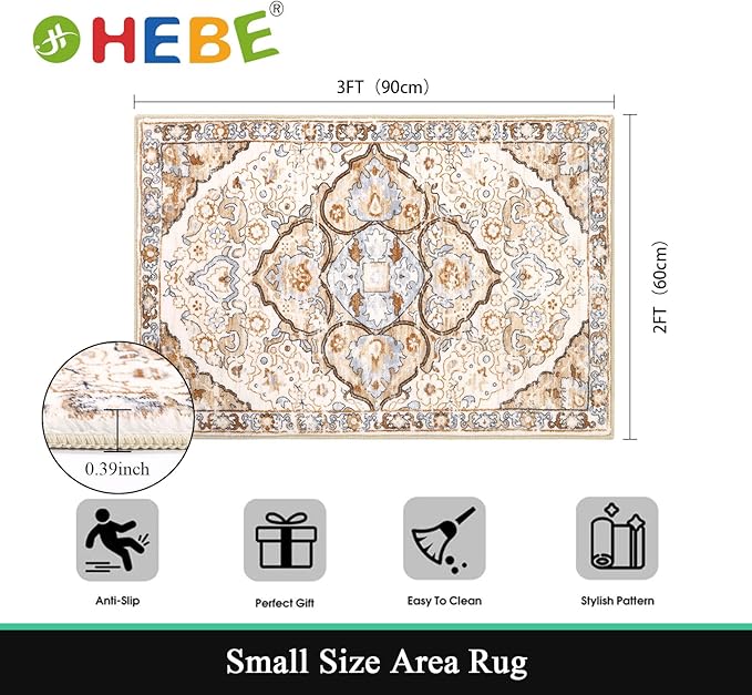 HEBE Washable Area Rug 2'x3' Non Slip Soft Distressed Medallion Bedroom & Living Room Accent Throw Vintage Entry Floor Carpet for Dining Room & Bathroom Entryway