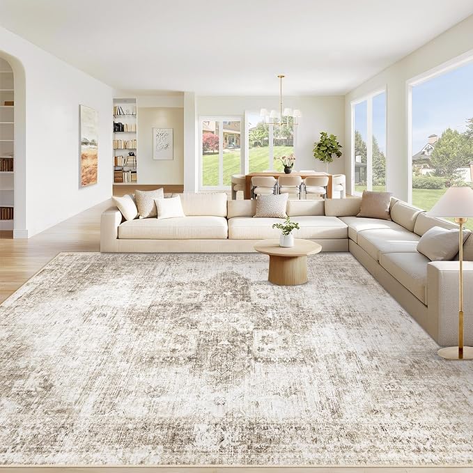 Area Rug 10x14 Washable Rug, Vintage Boho Medallion Rugs Non-Slip Soft Low Pile Large Distressed Rug Indoor Retro Carpet for Living Room Bedroom Dining Room Home Office (Taupe, 10'x14')