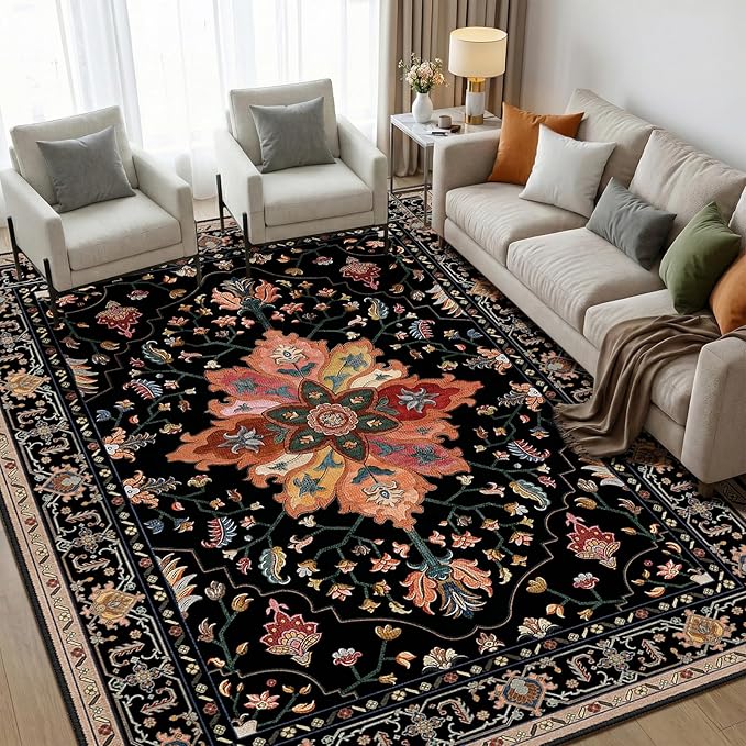 Area Rugs 5'x7' Washable Non-Slip, Floral Vintage Distress Print Pattern Medallion Carpet for Living Room Bedroom Dining Room, Black Colorful Floral Dark Tan