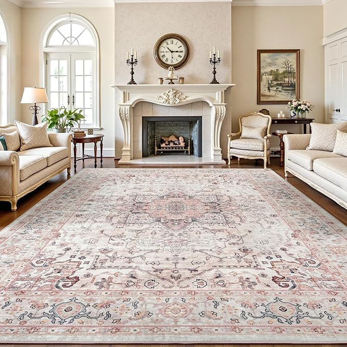 Lofus 8x10 Area Rugs for Living Room, Washable Area Rug, Rugs for Bedroom, Kitchen, Vintage Boho Carpet, Soft Non-Slip, Low Pile Large Area Rug for Office Dining Room, Pink