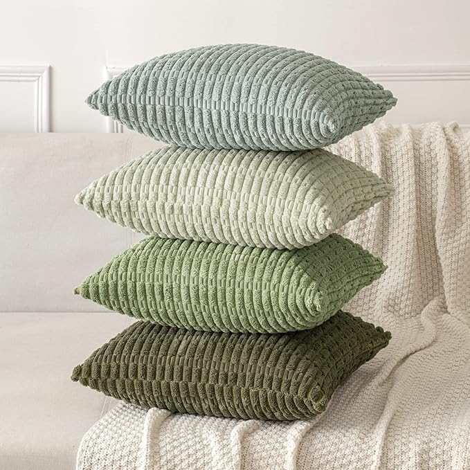 MIULEE Pack of 2 Spring Corduroy Decorative Throw Pillow Covers 20x20 Inch Soft Boho Striped Pillow Covers Modern Farmhouse Home Decor for Summer Sofa Living Room Couch Bed Olive Green