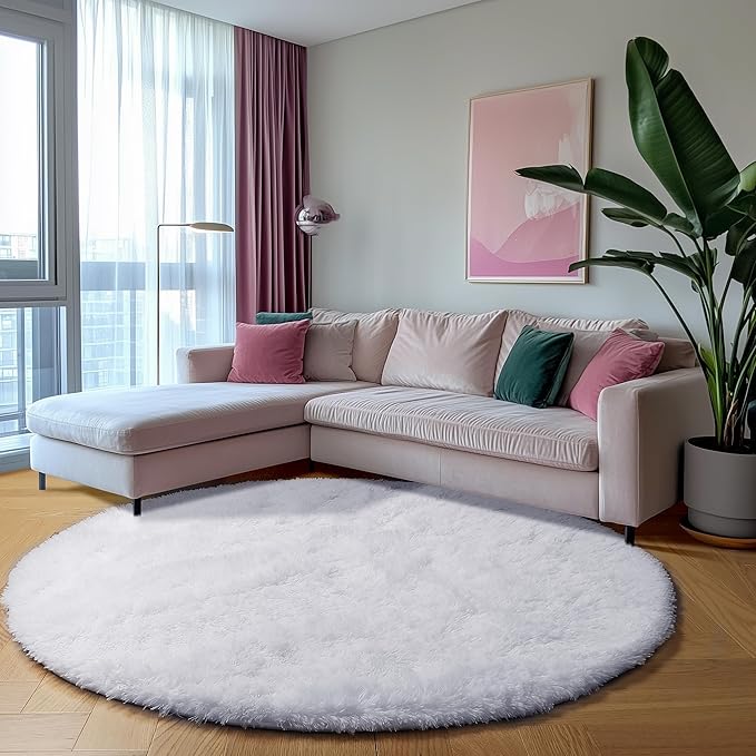 ONASAR White Round Rugs 6ft for Living Room Bedroom, Fluffy Circle Area Rug for Kids Girls Boys Teen, Soft Plush Shaggy Carpet for Nursery Dorm Classroom Playroom Home Decor Aesthetic