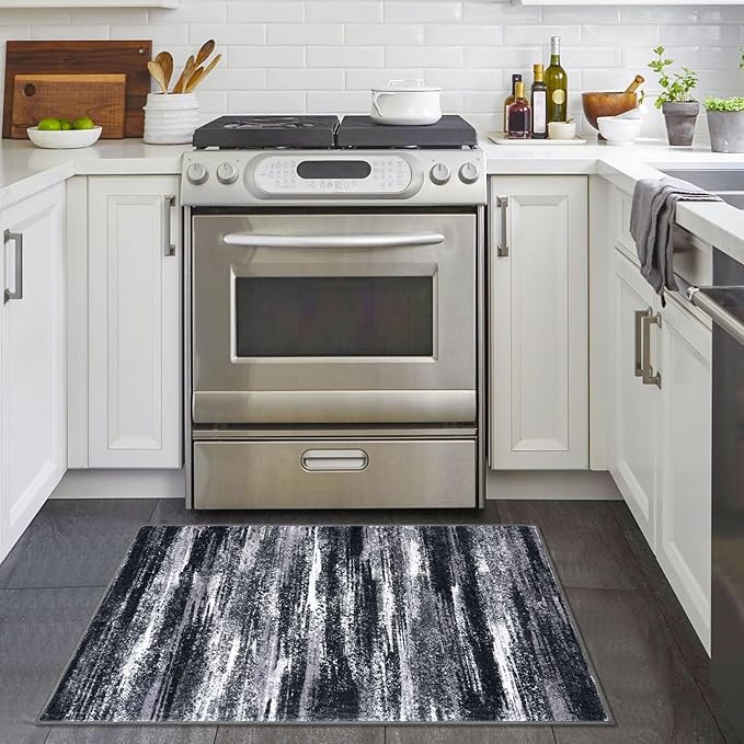 Lansny Modern Abstract Entryway Rug Indoor 2x3 Washable Rug Non-Slip Soft Small Area Rug Black Grey Kitchen Mats Thin Print Faux Wool Floor Carpet Throw Rugs for Entrance Bedroom